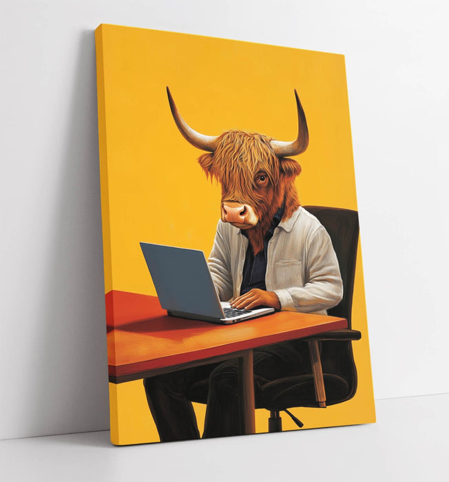Canvas Wall Art - Anthropomorphic Highland Cow With Laptop | Handmade Print