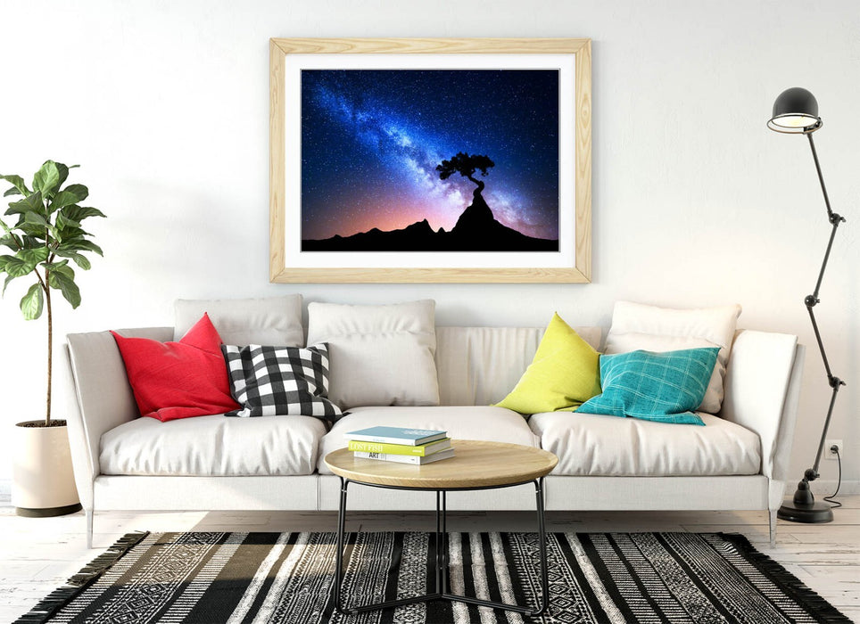 Framed Wall Art - Tree Silhouette Print With Blue Night Sky Starry Decor