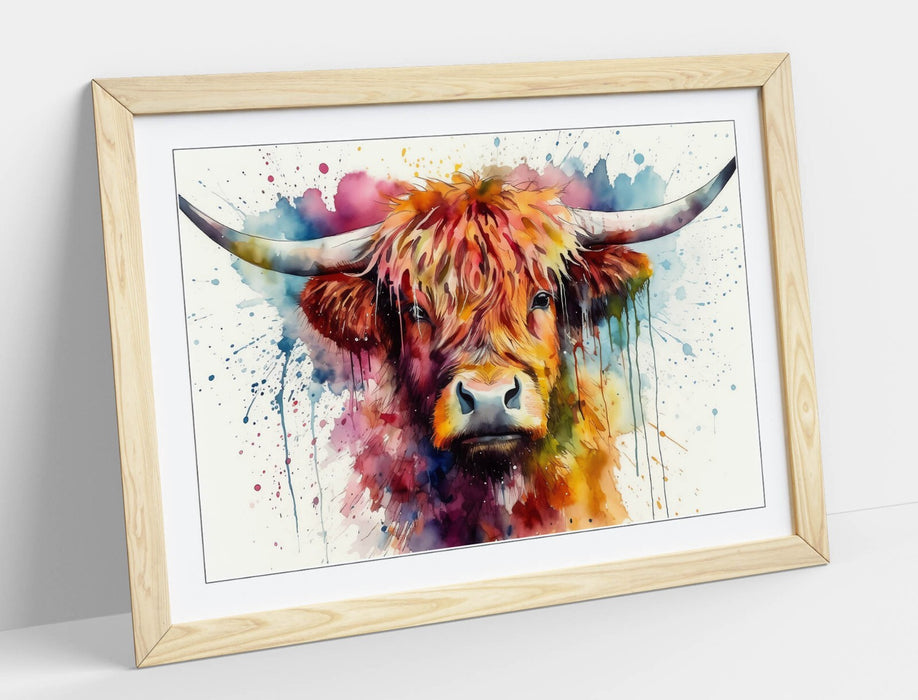 Highland Cow Wall Art – Framed Watercolour Animal Print With Woodgrain Frame