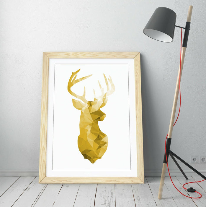 Framed Stag Head Poster – Mustard Yellow Geometric Wall Art with Woodgrain Frame