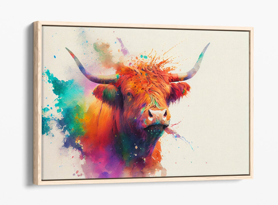 COLOURFUL HIGHLAND COW WATERCOLOUR SPLASH FLOAT EFFECT CANVAS ART PIC PRINT