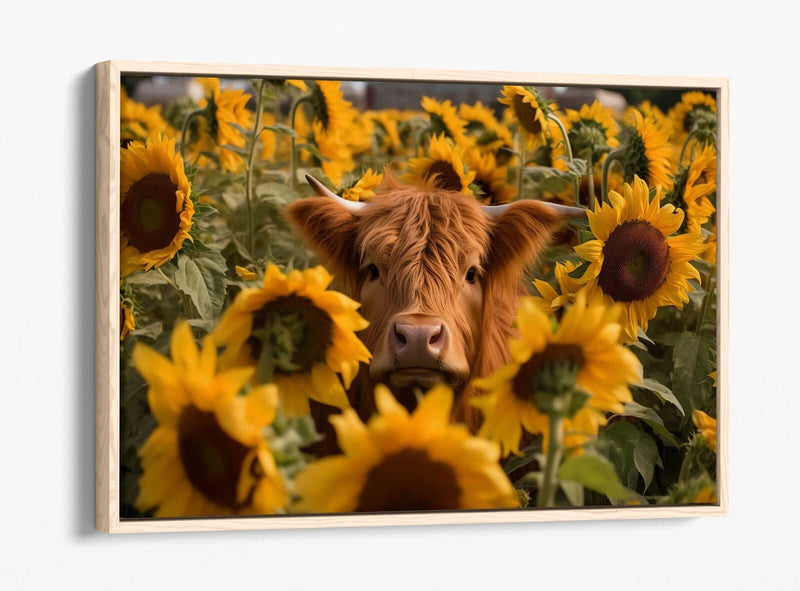Canvas Wall Art - Highland Cow Print in Sunflower Field | Float Effect Canvas UK