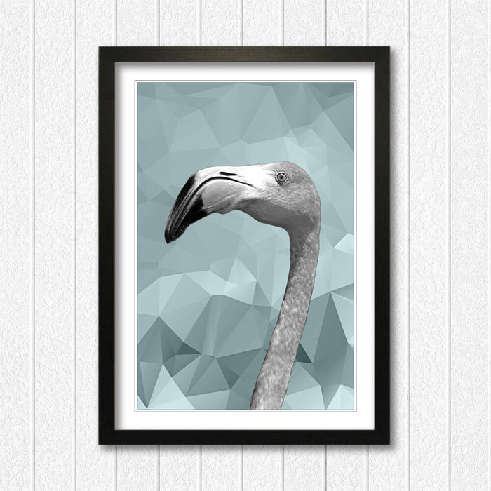 FLAMINGO BLACK AND WHITE DUCK EGG BLUE GEO FRAMED POSTER WALL ART PRINT ARTWORK