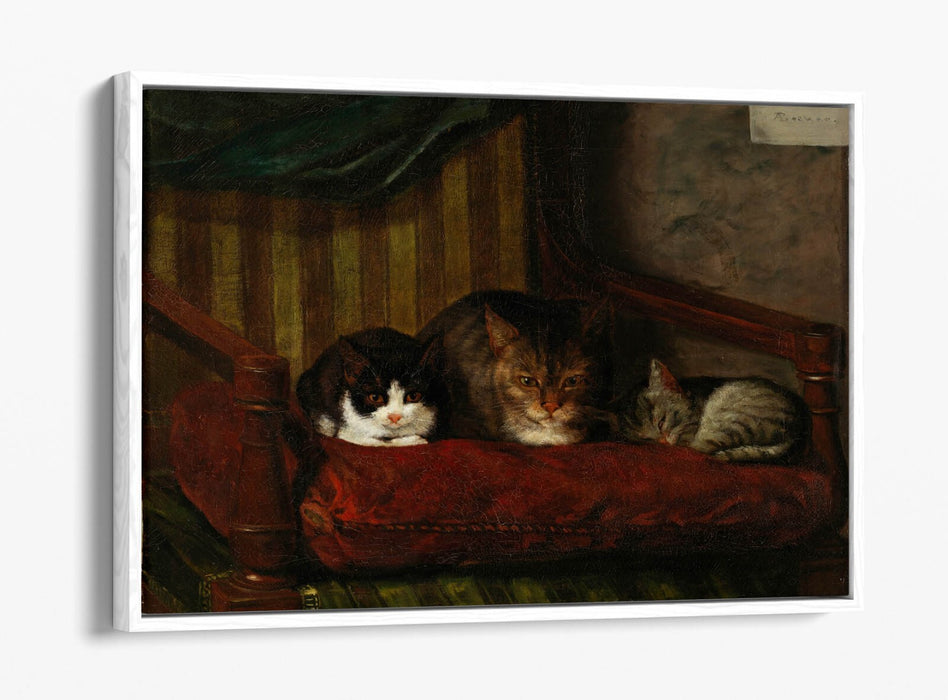 Float Effect Canvas Art - Cat With Kittens Handmade Wall Print, Premium Varnish Finish