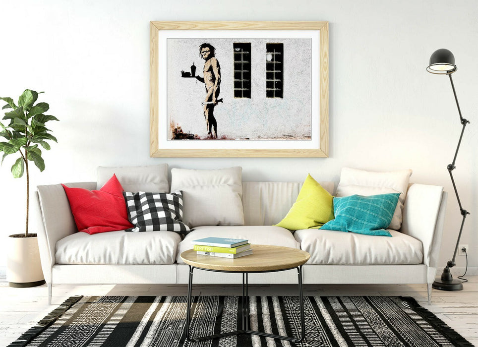 BANKSY FAST FOOD CAVEMAN -ART FRAMED POSTER PICTURE PRINT ARTWORK- GREY BLACK