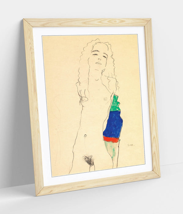 Framed Art Poster - Egon Schiele Female Nude Artwork | Handmade Woodgrain Frame