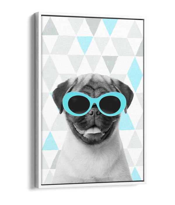 PUG SUNGLASSES TURQUOISE GREY GEOMETRIC -FLOAT EFFECT CANVAS WALL ART PIC PRINT