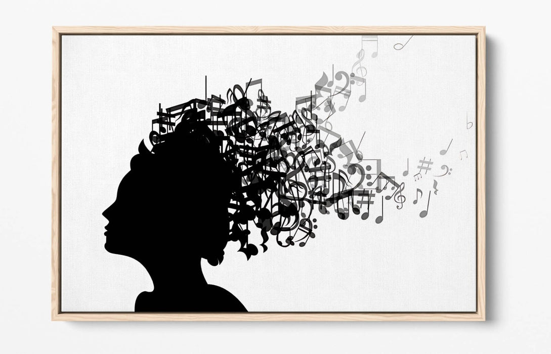 Canvas Art Print - Float Effect Canvas With Woman Silhouette & Music Notes Artwork