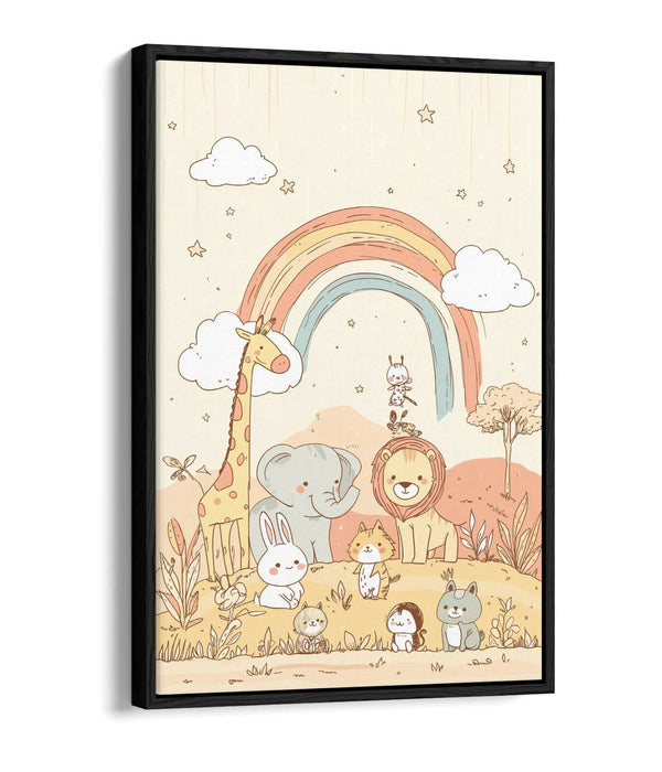 Pastel Canvas Wall Art - Cute Animal Artwork With Rainbow Float Effect Frame