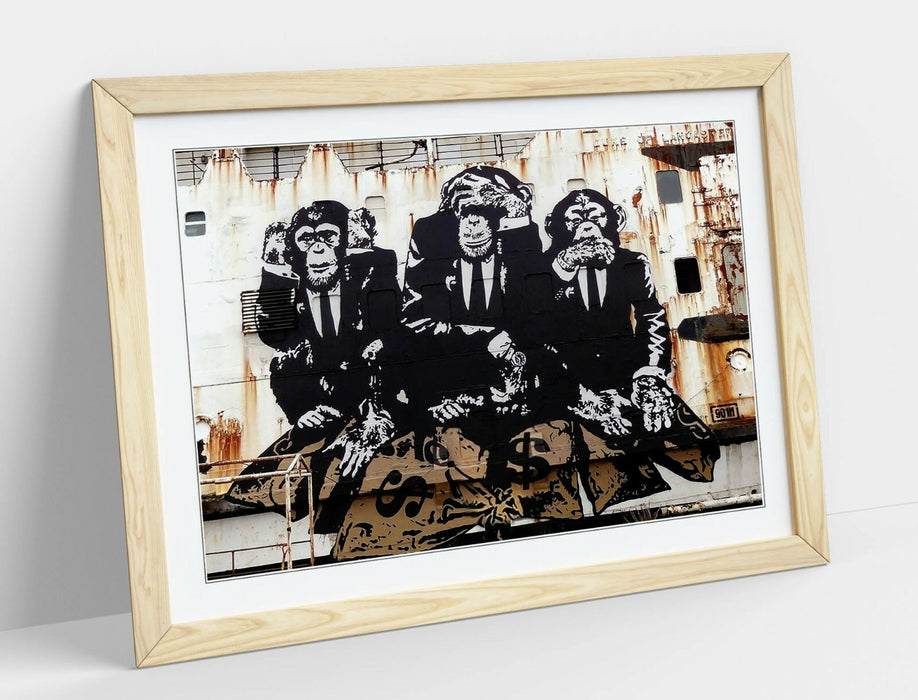 BANKSY 3 WISE MONKEYS -ART FRAMED POSTER PICTURE PRINT ARTWORK- WHITE BEIGE