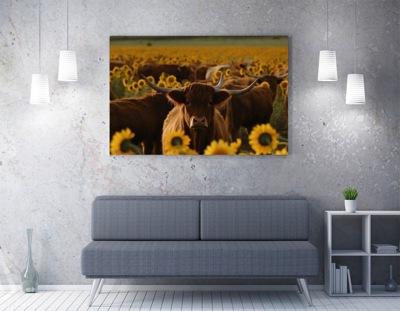 Highland Cows Canvas – Sunflower Field Art with Rustic Landscape Wall Decor