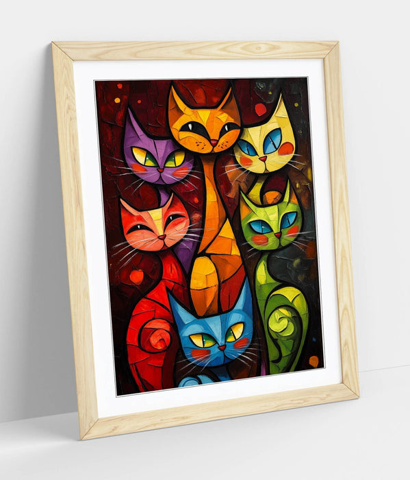 Framed Cat Wall Art - Colorful Abstract Cat Poster Print With Wood Grain Frame