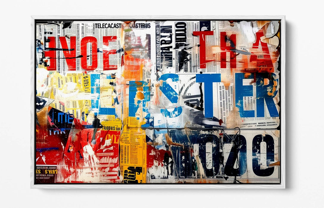 Float Effect Canvas Art – Abstract Newspaper Collage Graffiti Print on 30mm Deep Frame
