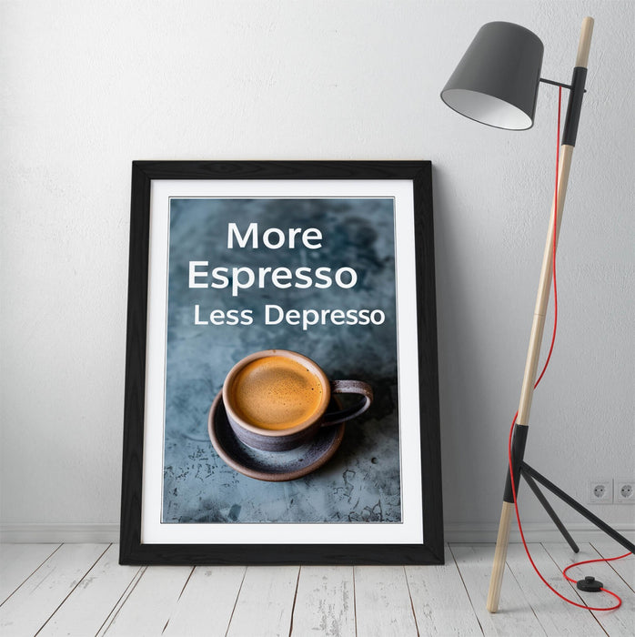 Espresso Wall Art – Framed Cafe Poster With Funny Coffee Quote & Woodgrain Frame
