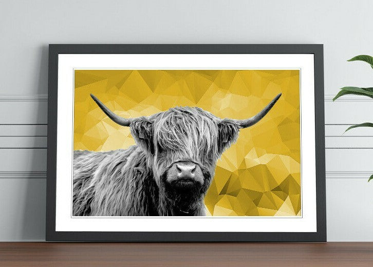 Highland Cow Wall Art – Framed Poster Print With Mustard Yellow Decor
