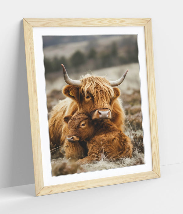 Highland Cow Wall Art – Framed Mother And Calf Animal Poster Print 4 Sizes