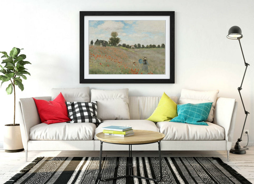 Claude Monet Poster - Framed Art Print with Blue Red Poppy Field Artwork