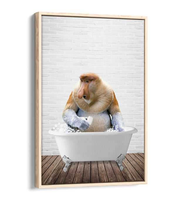 PROBISCUS MONKEY IN BATH -QUIRKY BATHROOM FLOAT EFFECT CANVAS WALL ART PRINT