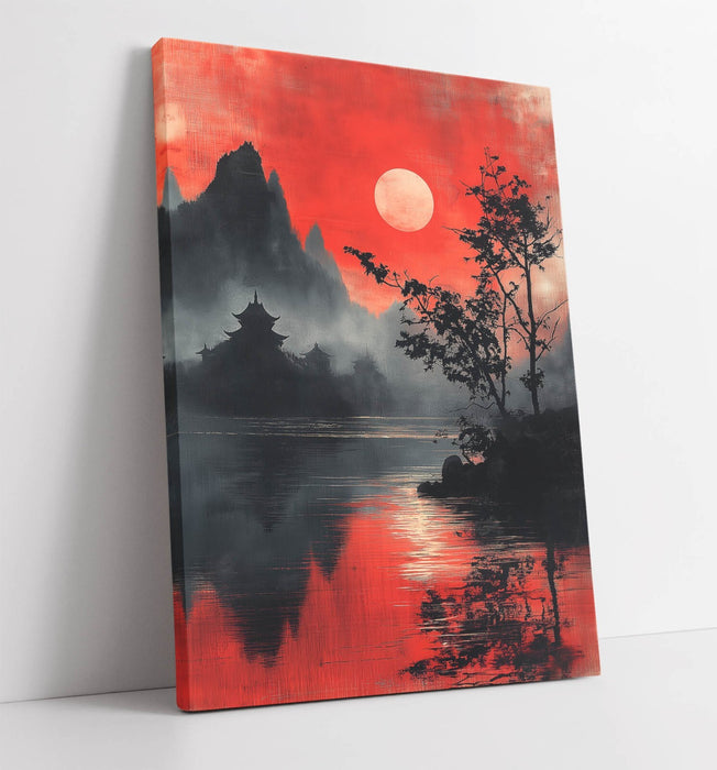 Chinese Landscape Canvas - Red Black Canvas Wall Art With Custom Frame Print