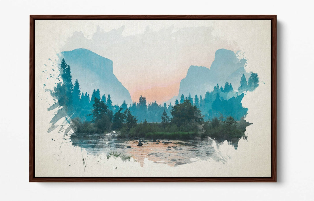 Mountain Landscape Canvas | Watercolour Art Print - Float Effect Frame, Ready To Hang