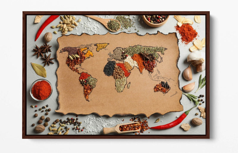 Canvas Wall Art – Spices Kitchen Art With Herbs World Map | Float Effect Print
