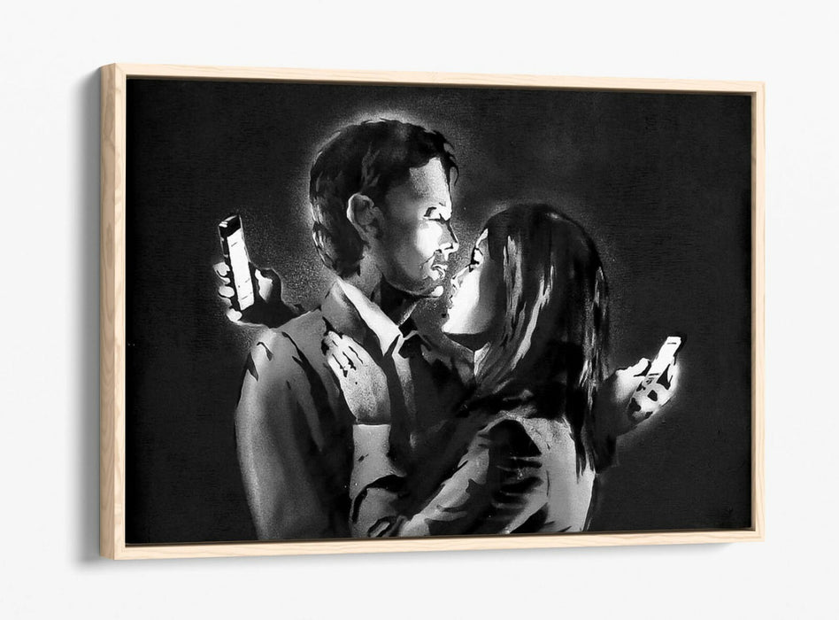 BANKSY MOBILE LOVERS FLOAT EFFECT CANVAS WALL ART PIC PRINT GRAFFITI- GREY WHITE