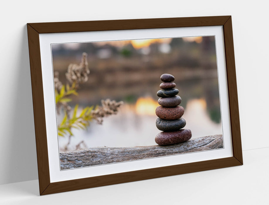 Zen Stones Wall Art – Framed Brown Stacked Stones Print on Tree Trunk | Home Decor