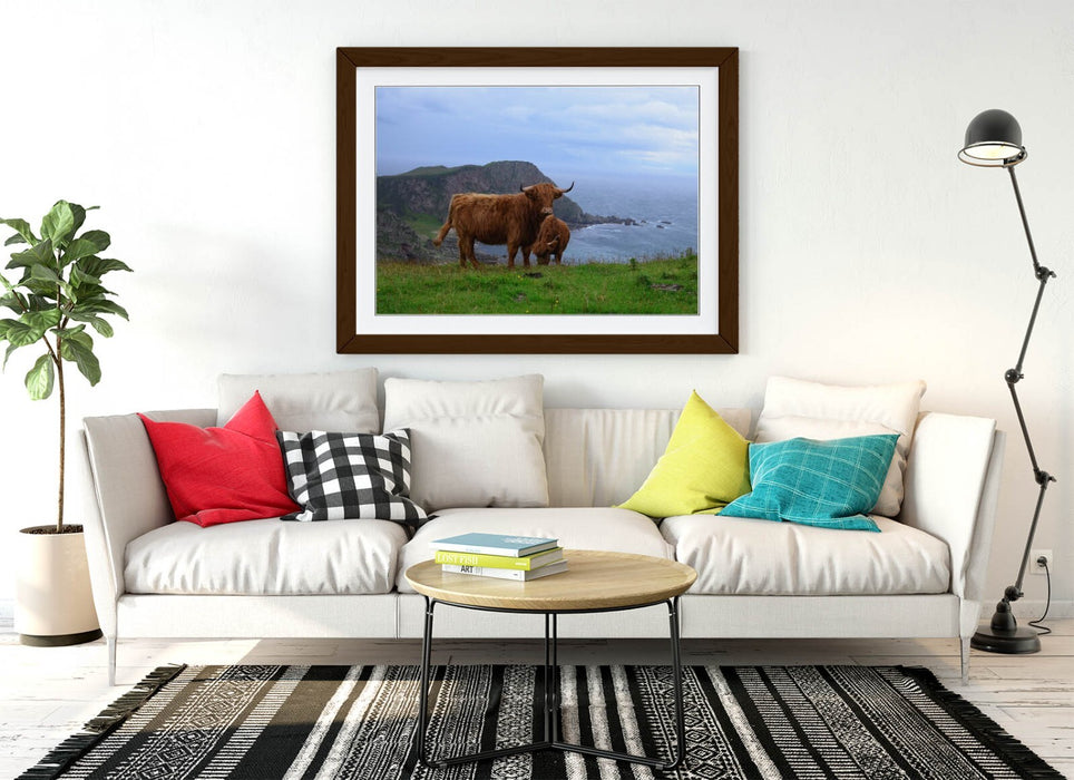 Highland Cows Wall Art – Framed Coastal Landscape Print With Woodgrain Frame