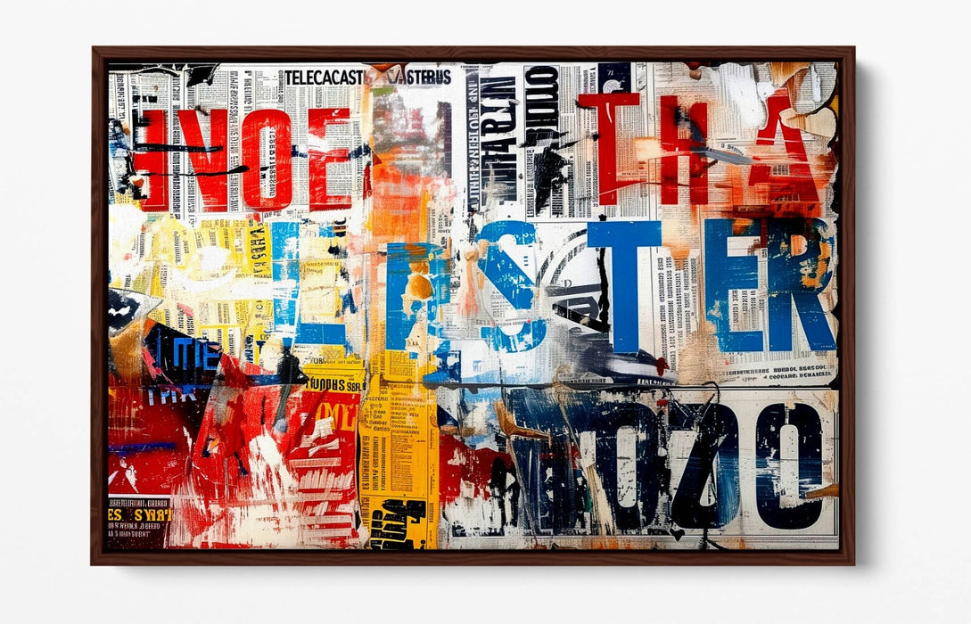 Float Effect Canvas Art – Abstract Newspaper Collage Graffiti Print on 30mm Deep Frame