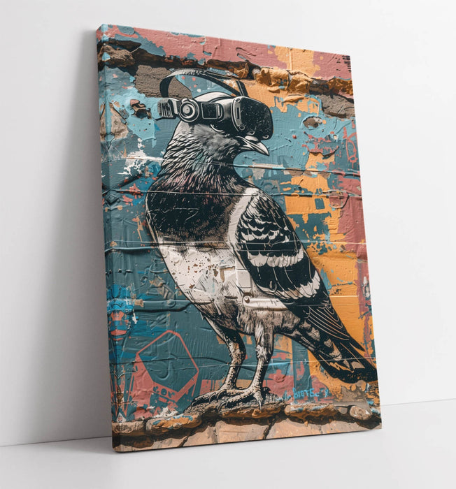 Graffiti Canvas Wall Art – Pigeon Wearing VR Headset | Multi Colour Urban Print