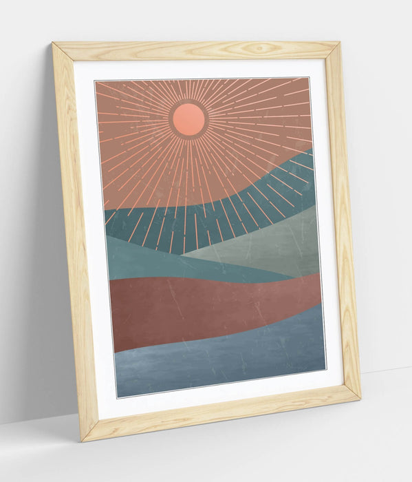 Framed Wall Art Abstract Sun Rays Mountain Art Print – Matte Paper Poster, Ready to Hang