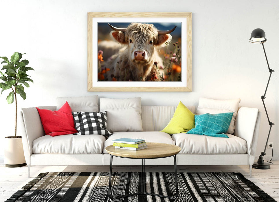 Highland Cow Wall Art – Framed White Highland Cow Print | Rustic Farmhouse Decor