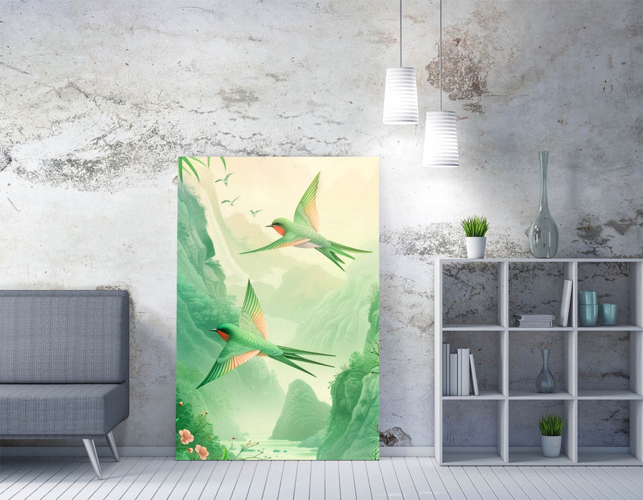 Pink Green Swallows Canvas - Handmade Flying Bird Wall Art with Premium Varnish Finish