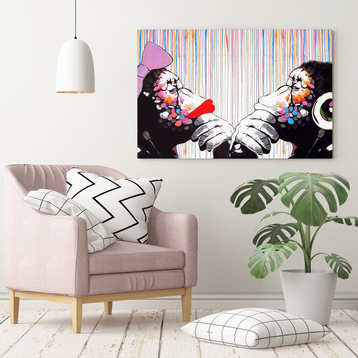 BANKSY CANVAS WALL ART PRINT DJ MONKEY COLOURED RAIN DUO ARTWORK GRAFFITI