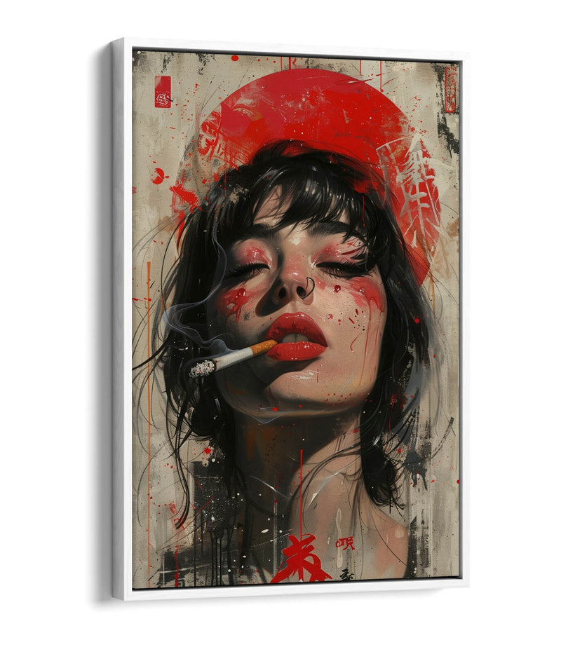 Canvas Art Print – Portrait Smoking Woman with Float Effect Frame, Vibrant Colors