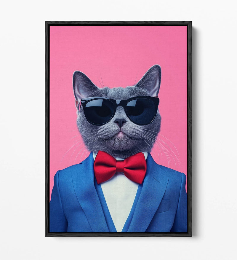 Cat Canvas Wall Art - Funny Cat Wearing Bow Tie & Sunglasses | Premium Float Frame