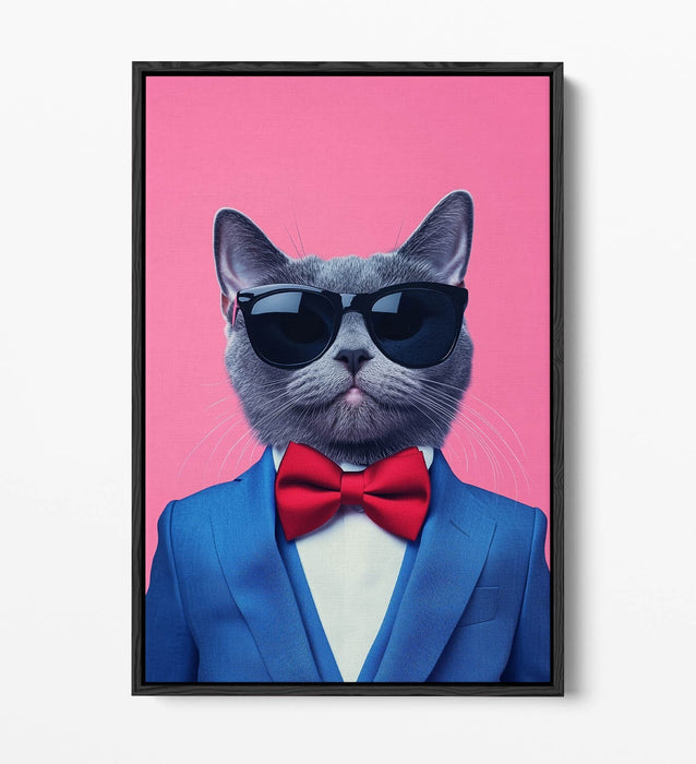 Cat Canvas Wall Art - Funny Cat Wearing Bow Tie & Sunglasses | Premium Float Frame
