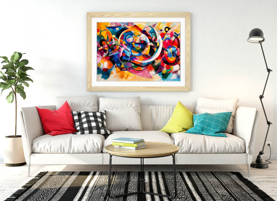 Framed Wall Art Poster – Abstract Multi Colour Kandinsky Style Print with Woodgrain Frame