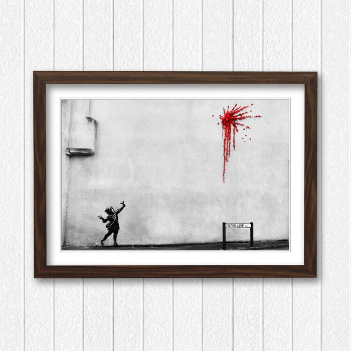 Banksy Valentines Day Art - Framed Art Print With Handmade UK Wood Grain Frame