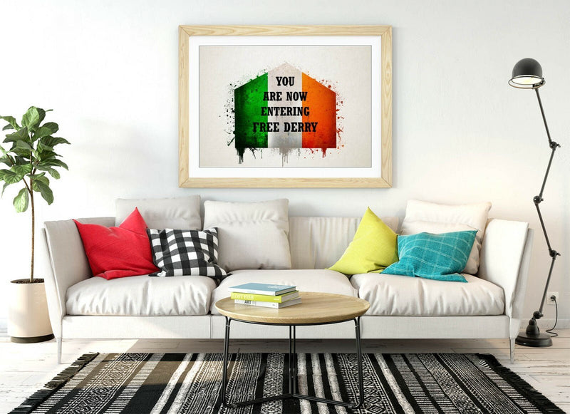 Framed Wall Art - Derry Wall Decor With Irish Flag Print & Woodgrain Frame Finish