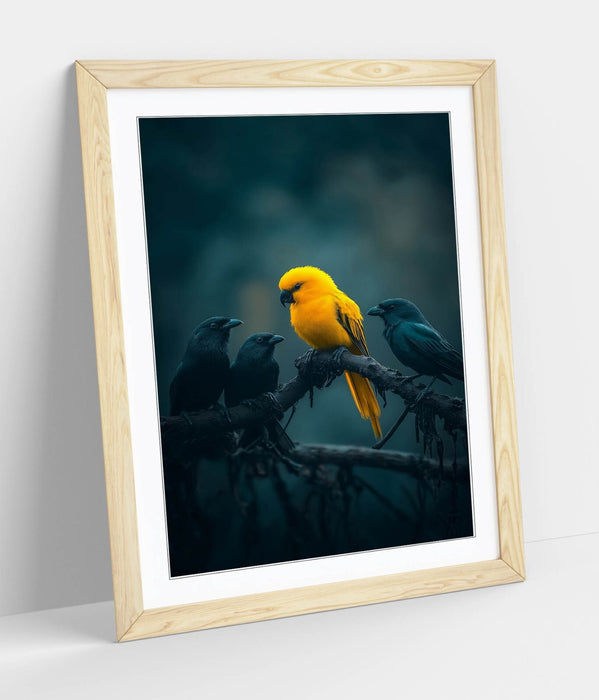 Framed Wall Art Poster - Yellow Bird & Black Crow Tree Print With Wood Grain Frame