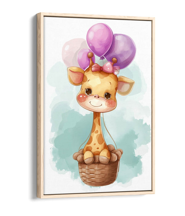 Giraffe Canvas Art – Cute Hot Air Balloon Kids Bedroom Decor | Float Effect Print