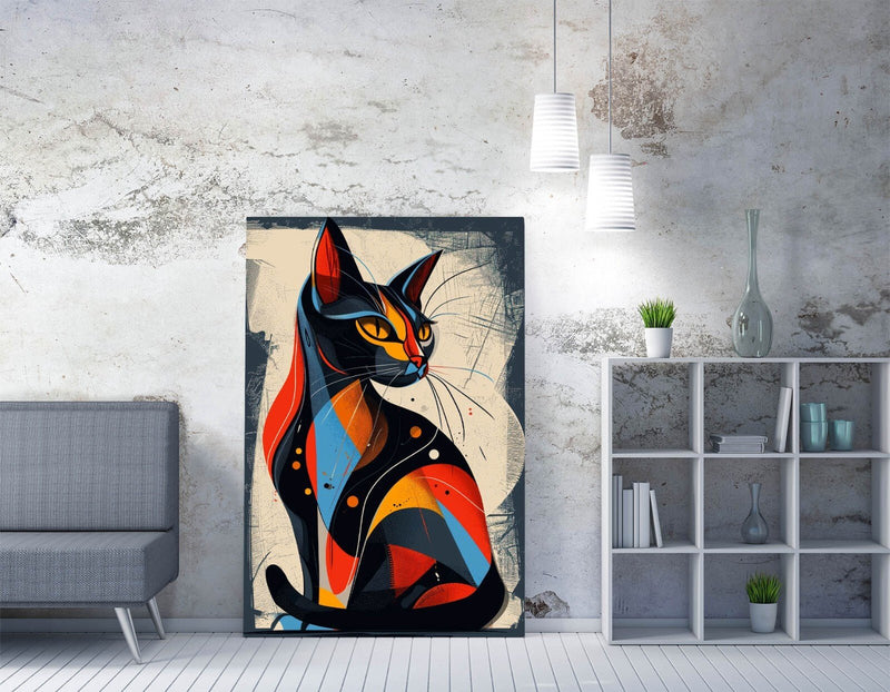Abstract Cat Canvas – Blue Red Artwork | Contemporary Decor, Vibrant Wall Art