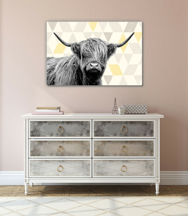 Highland Cow Canvas | Geometric Wall Art Print - Yellow Grey Artwork, Ready to Hang