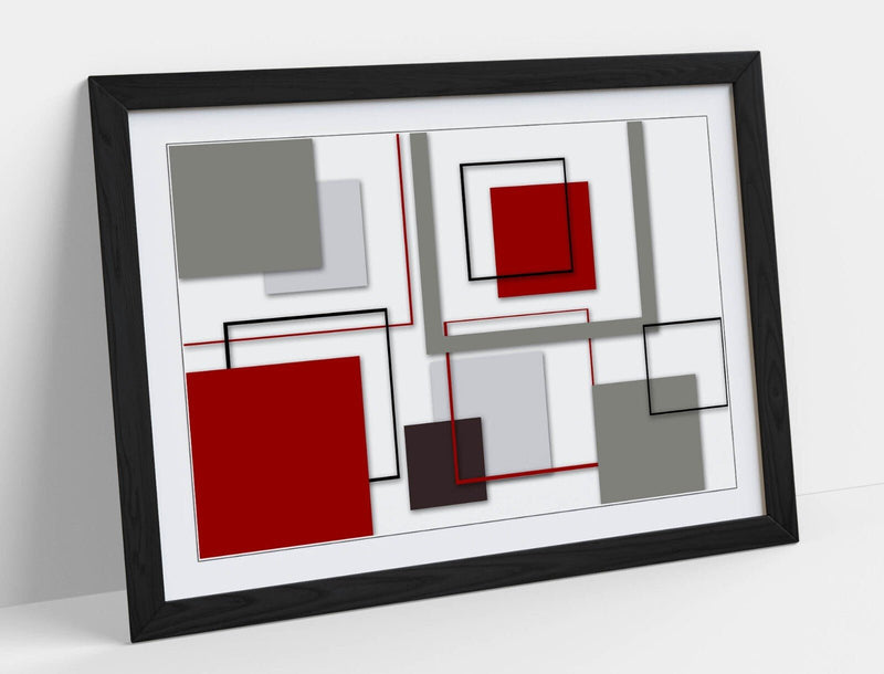 Abstract Bedroom Wall Art – Framed Art Print With Red Grey Artwork & Wood Grain Frame