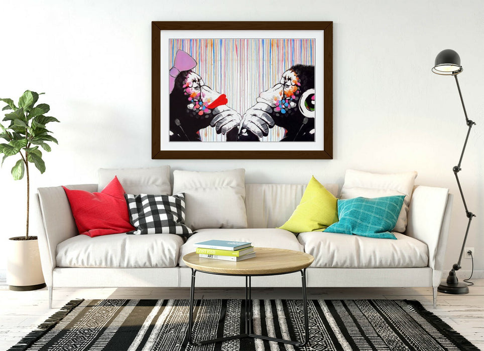 BANKSY DJ MONKEY THINKERS DUO COLOUR RAIN -FRAMED POSTER WALL ART PRINT ARTWORK