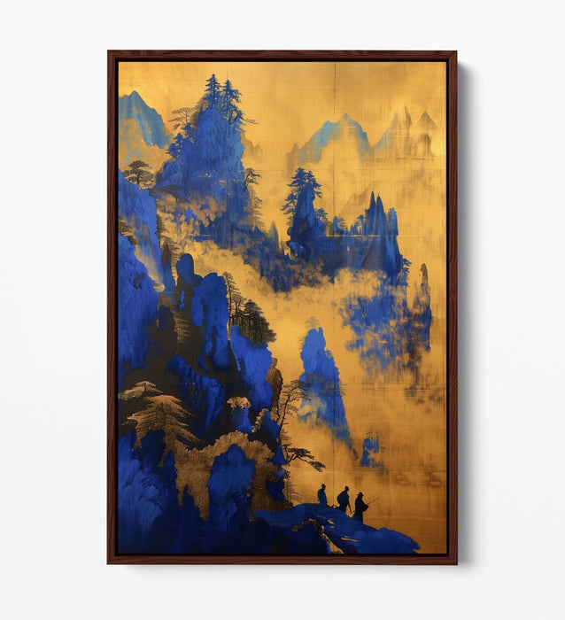 Canvas Wall Art - Blue Yellow Foggy Forest Cliff Landscape Float Effect Print