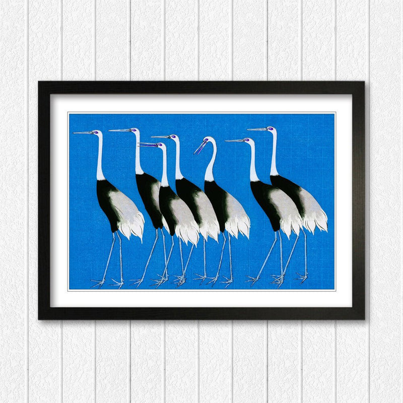 Framed Wall Art Print – Japanese Crane Poster With Woodgrain Frame Design