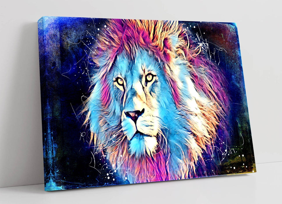 PURPLE BLUE LION SKETCH BLACK BACKGROUND -CANVAS FRAMED WALL ART PIC PRINT