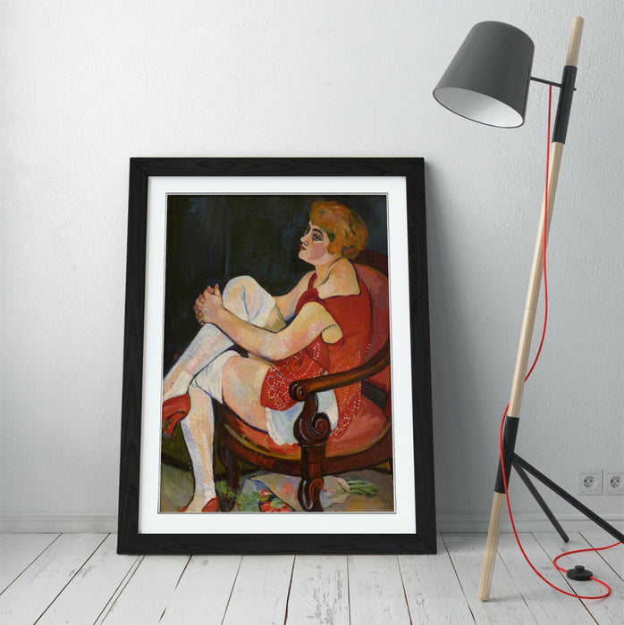 Framed Wall Art - Suzanne Valadon Woman In White Stockings Print With Woodgrain Frame